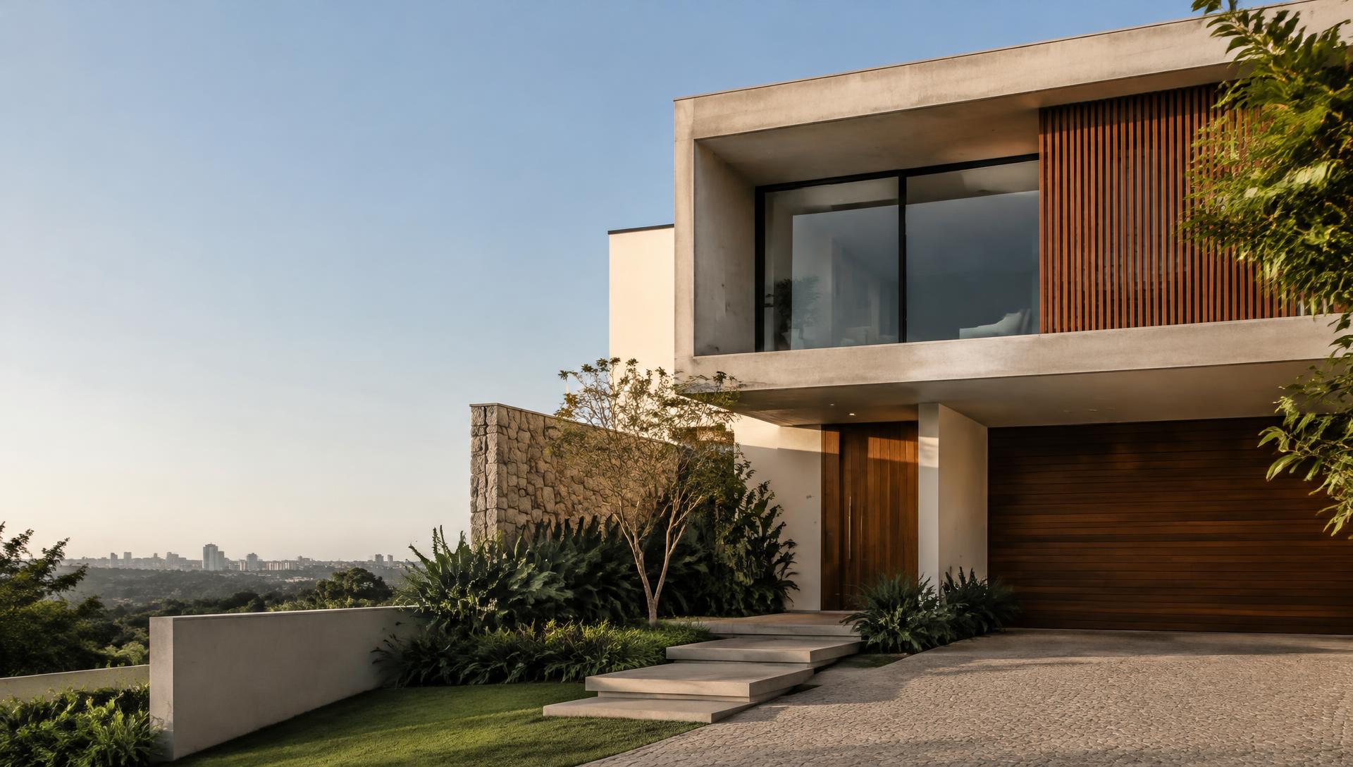 Residência contemporânea com fachada em concreto e madeira (imagem ilustrativa)